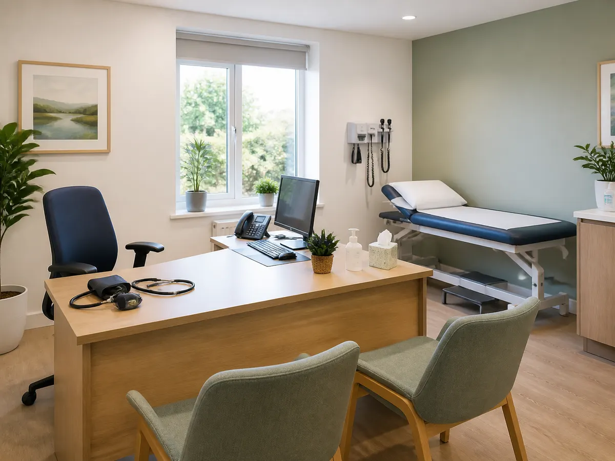 Private GP consulting room prepared for an appointment